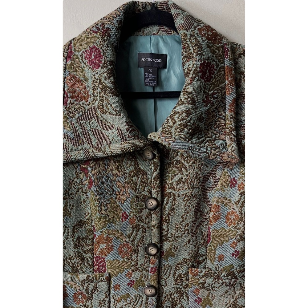 Focus 2000 Vintage Boho Floral Tapestry Brocade Coat Teal Wool Blend cottagcore